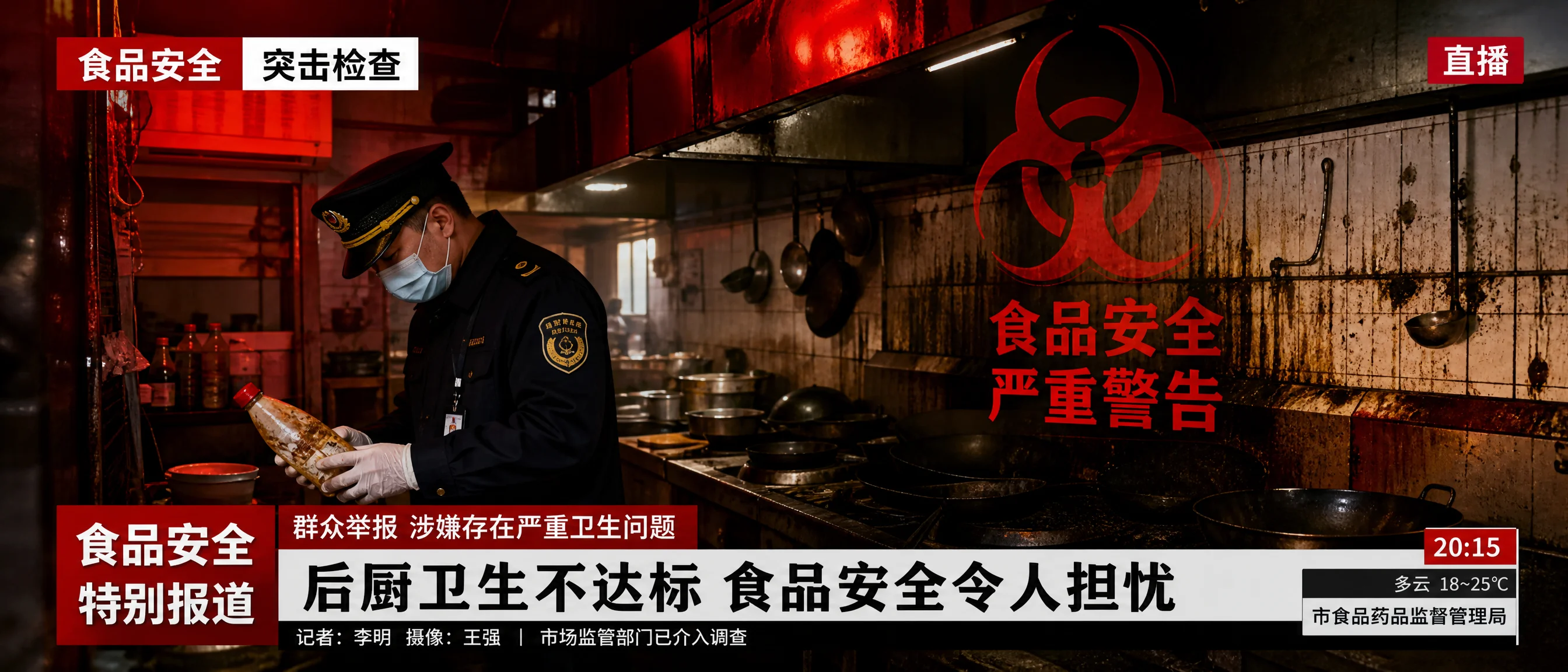 食品安全突击检查现场，执法人员在脏乱的后厨取证